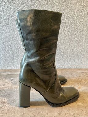 CHARLES DAVID Women's Olive Green Mid-Calf Block Heel Square Toe Boots